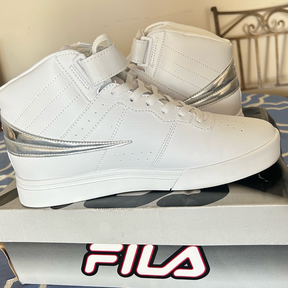 Fila White High-Top Sneakers with Silver Trim